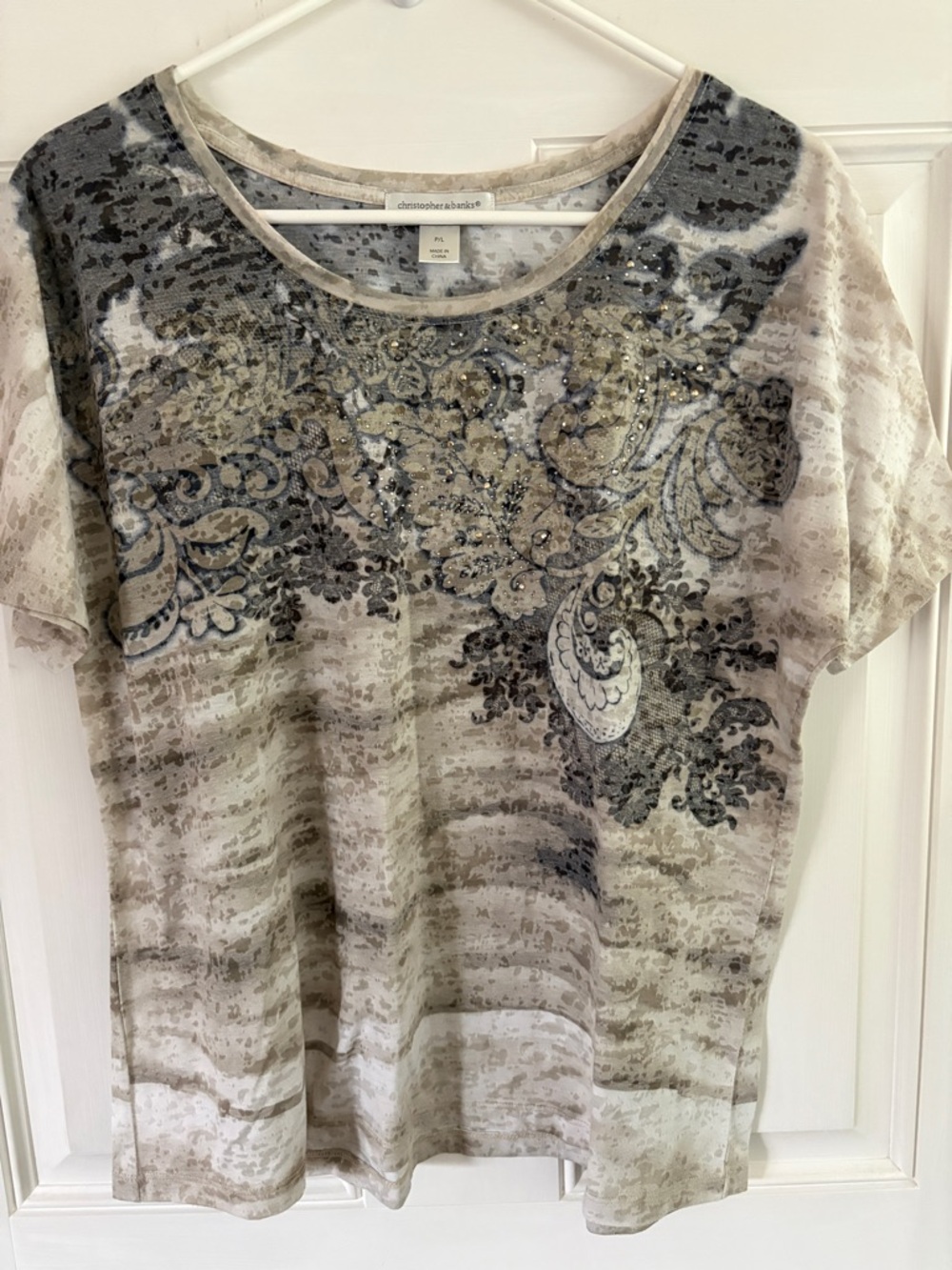 Christopher & Banks Beige and Tan Paisley Short Sleeve Top